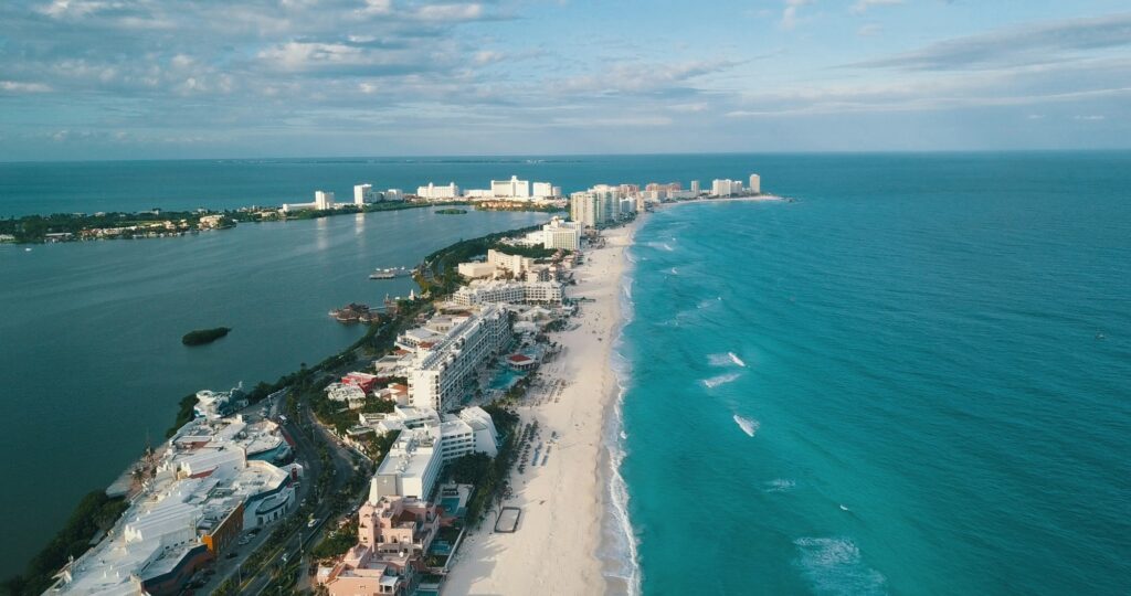 Aerial view of the Cancun Hotel Zone and Caribbean Sea